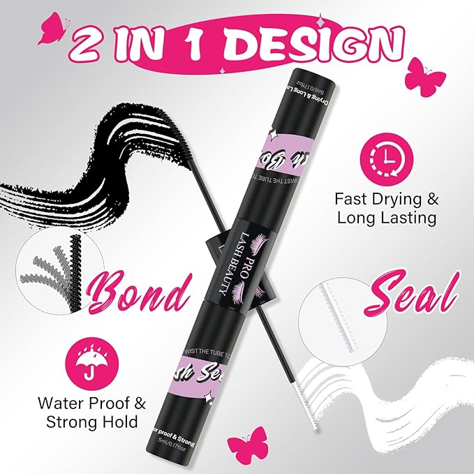 Lash Bond and Seal Cluster Lash Glue & Seal Waterproof Cluster Lash Glue for DIY Eyelash Extensions Waterproof Strong Hold (10ml, Black Bond & Clear Seal)