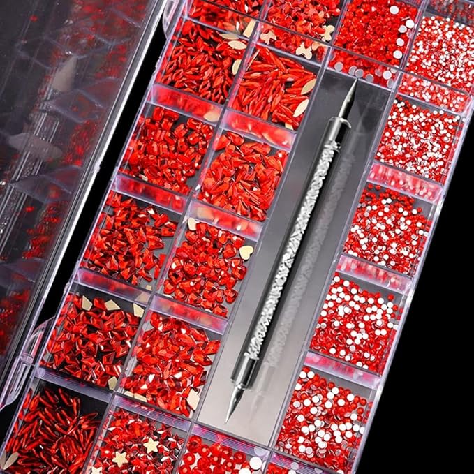3100Pcs Nail Crystal Rhinestones Kit, Mix Shapes AB Glass, 3D Diamonds Flatback Crystals, with a Drill Pen, Nail Crystal Non Hotfix, Nail Art Decoration(Red)