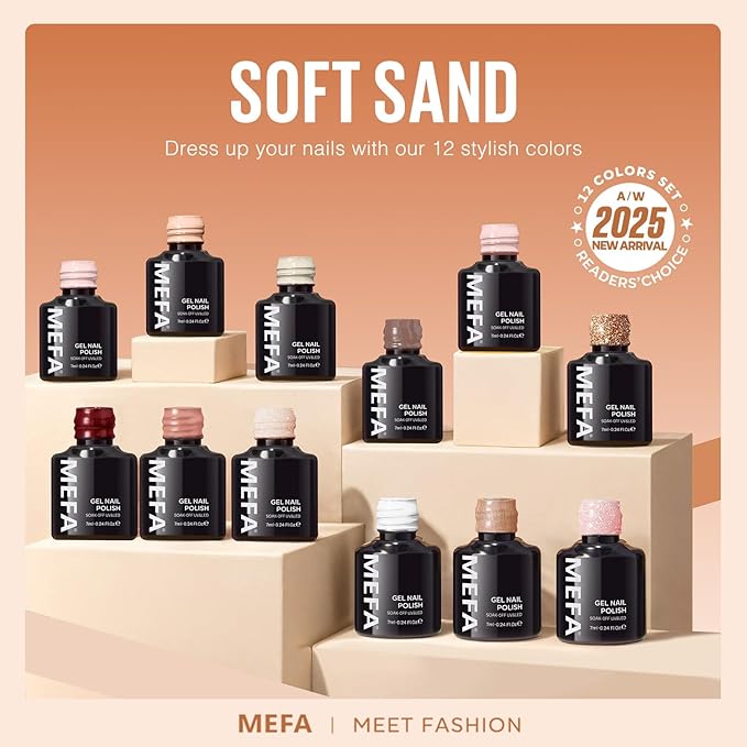 MEFA Gel Nail Polish Set, 12 Colors Champagne Gold Glitter Gel Polish Set Burgundy Red Nail Polish Soak Off Dark Red Brown Shimmer Nude Pink Gifts for Women Girl DIY Salon Home Manicure