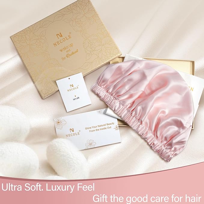 22 Momme 100% Mulberry Double Silk Bonnet for Sleeping Women Double Layer Lined Stay On Head for Hair Care with Adjustable Elastic Band Non-Slip Silk Turban Curly Hair Silk Hair Cap Pink