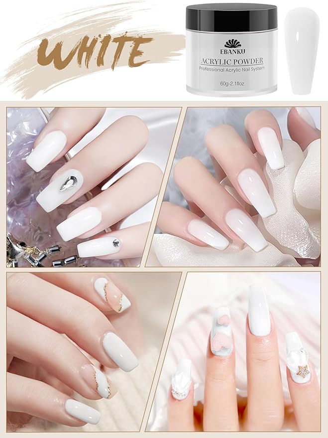 EBANKU Acrylic Nail Powder Set, 2 Colors Pink & White, Professional Powder for Nail Extension, Carving, Long-Lasting, No Lamp Needed, 2.1 oz