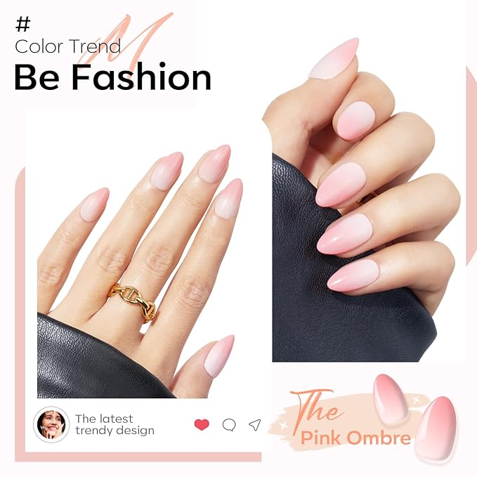 Modelones Pink Ombre Press on Nails Almond, Spring Easter Short Fake Nails, Nail Kit with Nail Glue Adhesive Tabs Mini Nail File, Nails Press Ons 32Pcs 16 Sizes, Women Girl Gift