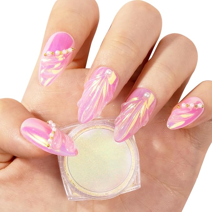 MelodySusie Unicorn Chrome Nail Powder,Ice Transparent Aurora,Mirror Effect,Color Changing Pearlescent,Multi-color Chrome Rainbow Pigment Super Shiny,Suitable for Home DIY Nail Salon