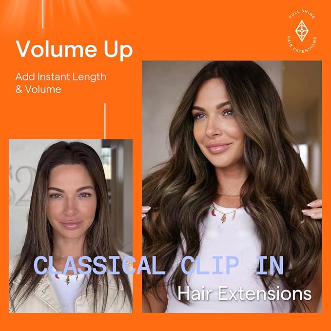 Full Shine Clip in Hair Extensions Human Hair Balayage Clip in Extensions Dark Brown to Chestnut Brown Double Weft Human Hair Extensions for Women 14 Inch 7 Pcs 120 G