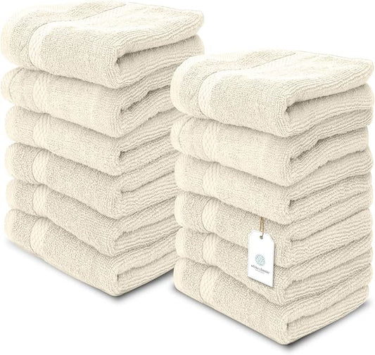White Classic Luxury Washcloths for Bathroom-Hotel-Spa-Kitchen-Set - Circlet Egyptian Cotton - Highly Absorbent Hotel Quality Face Towels - Bulk Set of 12-13x13 Inch (Ivory)