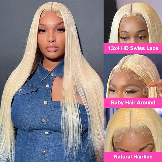 613 Straight Lace Front Wig, Human Hair, 13x4 Lace Closure, Pre-Plucked with Baby Hair, 24 Inch Blonde, 180% Density Frontal Wig for Women