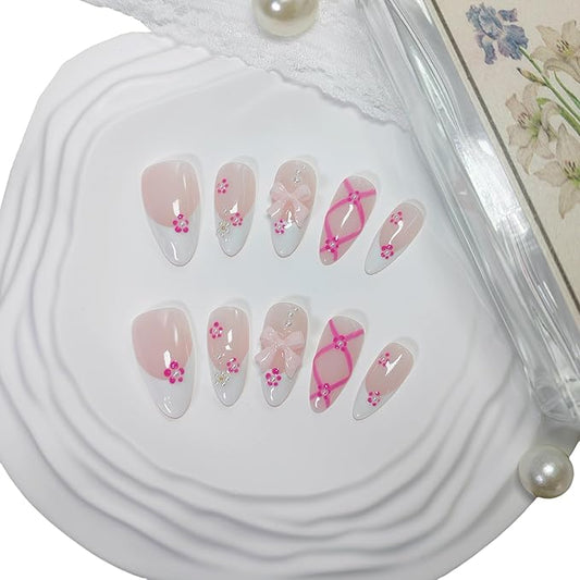 Almond Press on Nails Handmade Medium Long/Stiletto 3D Flower Fake Nail with Designs, Women Reusable False Nails (Pink White French, M)