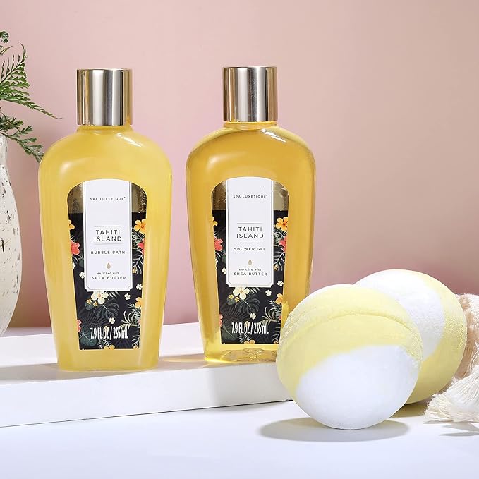 Spa Gifts Basket for Women, Spa Luxetique Tahiti Island Bath Gift Set, 15pcs Luxury Self Care Kit with Bath Bombs, Essential Oil, Hand Cream, Bath Salt, Tote Bag, Birthday Day Gifts