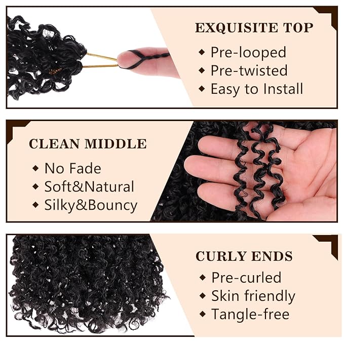 COOKOO 8 Bundles/Lot Bohemian Yanky Twist Crochet Braids Hair 8 Inch Natural Black Pre-Twisted Crochet Passion Twist Hair with Curly Ends Small Curly Twist Crochet Hair for Senegalese Twist Braids 1B#