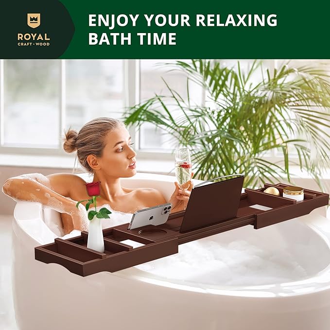 ROYAL CRAFT WOOD Non-Foldable Bathtub Tray - Wood Bath Tray for Tub, Bamboo Bathtub Shelf, Expandable Bath Table Tray, Luxury Bathtub & Bathroom Accessories for New Home & Unique Gift for Women
