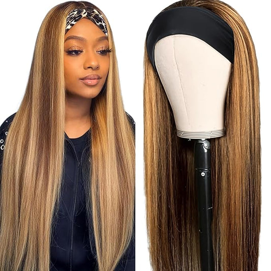 Aiterina Ombre Headband Wig Human Hair Straight 4/27 Highlight None Lace Front Wigs Glueless Human Hair Wigs Virgin Brazilian Machine Made Wigs for Black Women 22 Inch