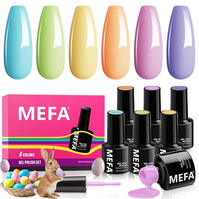 MEFA Macaron Gel Nail Polish Set 6 Colors, Spring Summer Pastel Soft Green Light Blue Coral Peach Lilac Purple Pale Creamy Shades Popular Nail Art Design Salon at Home DIY Manicure Gifts for Women