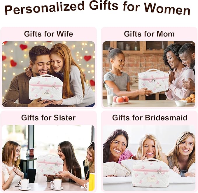 3Pcs Makeup Bag Cotton Quilted Travel Cosmetic Bag Cute Floral Makeup Pouch Large Toiletry Bag for Women Girls (Bow-Pink)