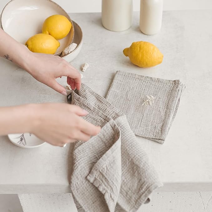 Pure 100% Linen Kitchen Towels - Linen Dish Towels for Kitchen Linens - 13x29-inch Waffle Weave Hand Towels for Bathroom Soft Lightweight Stonewashed Tea Towel Set of 2 Quick-Drying Natural Boho Decor