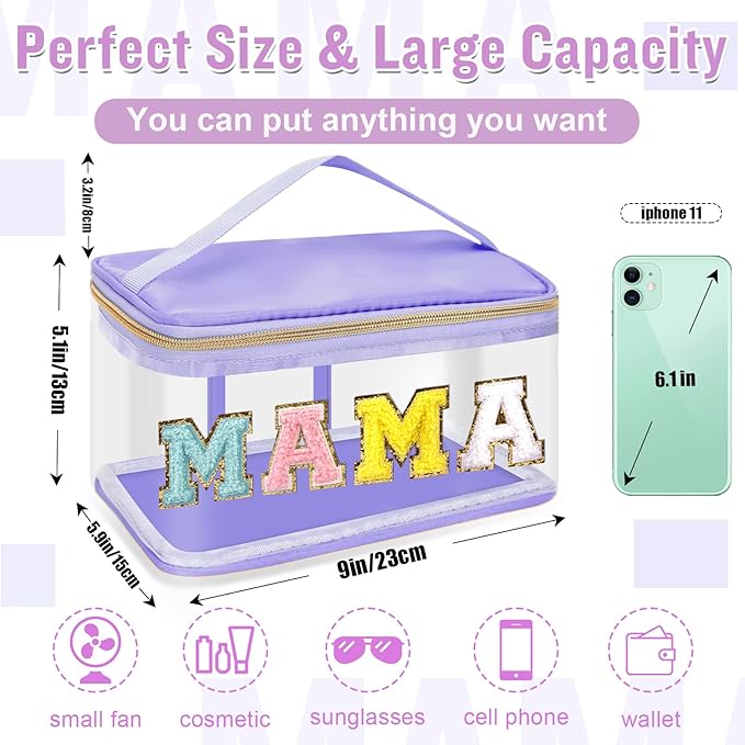 Chenille Letter Clear Makeup Bags Mama Pouch, Preppy Patch Makeup Bag Zipper with Handle, Transparent PVC & Nylon Waterproof Glitter Cosmetic Handbag Travel Toiletry Storage for Women(MAMA-Purple)
