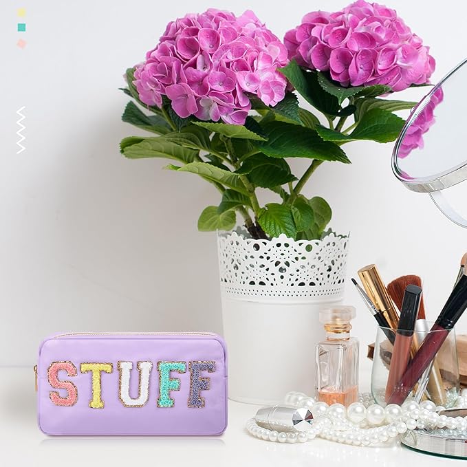 2 Pcs Preppy Chenille Letter Duffle Bag and Makeup Pouch, Travel Tote Bag Cosmetic Zipper Patch Makeup Bag (Light Purple)