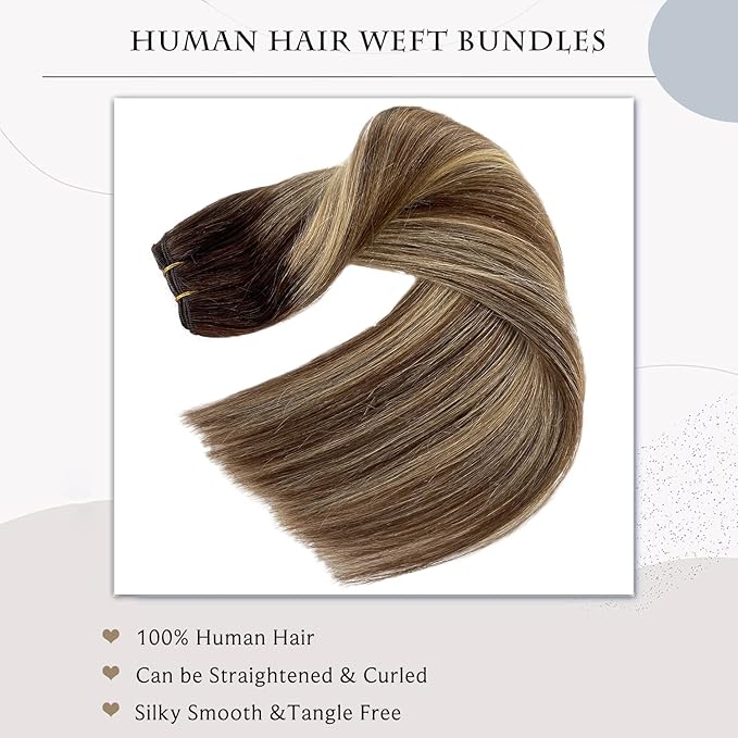 Sew in Hair Extensions Real Human Hair, 20 Inch Weft Hair Extensions Human Hair 100G Ombre Brown Balayage Caramel Blonde Hand-Tied Weft Hair Extensions Weave Bundles Human Hair Extensions for Women