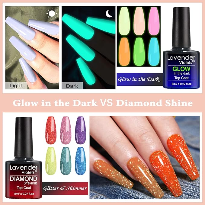 Lavender Violets 42 Pcs Gel Nail Polish Set, 36 Colors with 6 Bottles of Base Top Coat, Glossy Matte Diamond Shine Glow in the Dark Top Coat All Season for Nail Art Designs C952