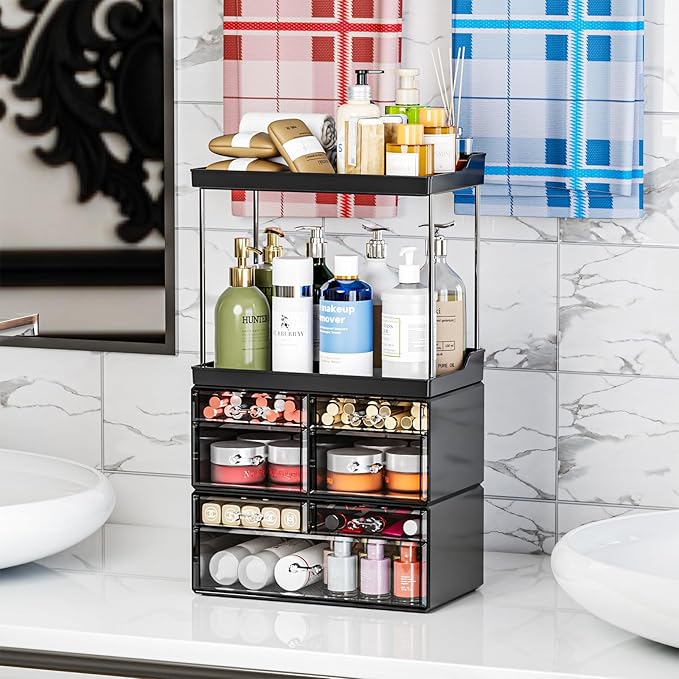 3 Pack Bathroom Organizers and Storage Countertop With 7 Drawers,Stackable Vanity Drawer Organizer for Makeup,18.9" Tall Large Capacity Skincare Organizer and Exquisite Makeup Organizer,Black