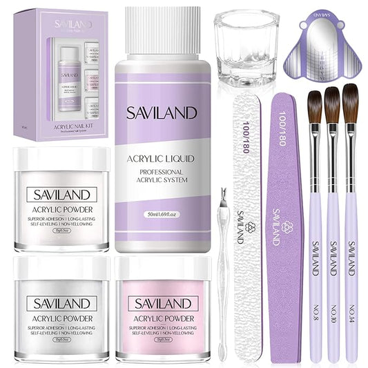 SAVILAND Acrylic Nail Kit: Professional Nails Kit Acrylic Set 15g Clear/White/Pink Powder and Liquid Monomer Set with Brushes Forms Dappen Dish for Beginner DIY at Home
