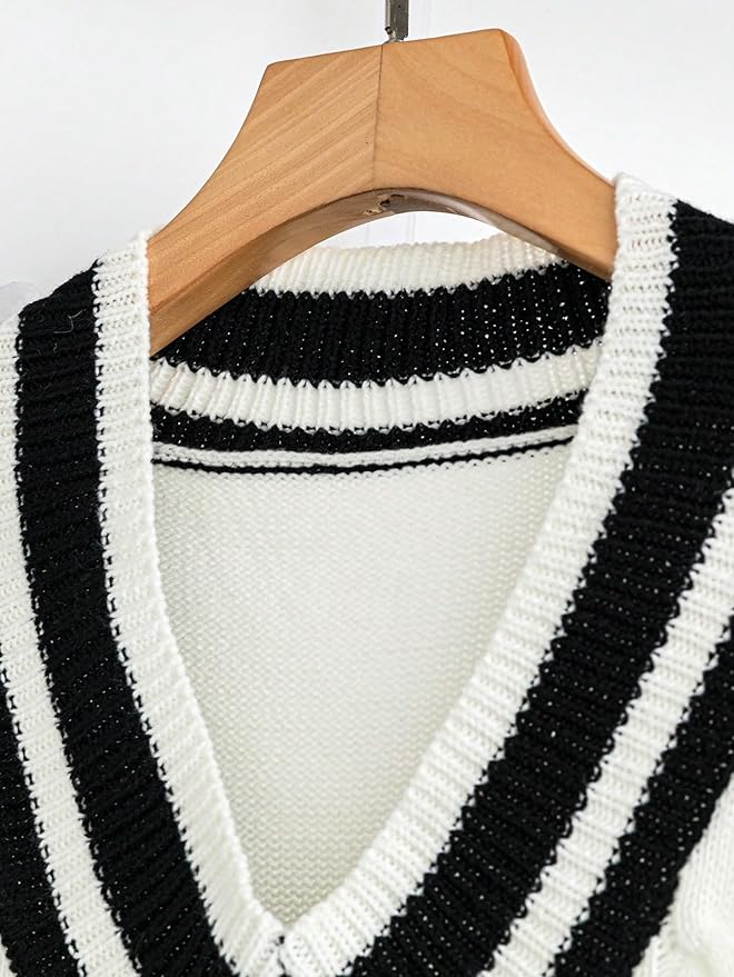 Floerns Women's V Neck Letter Striped Trim Sleeveless Sweater Vest Knit Top