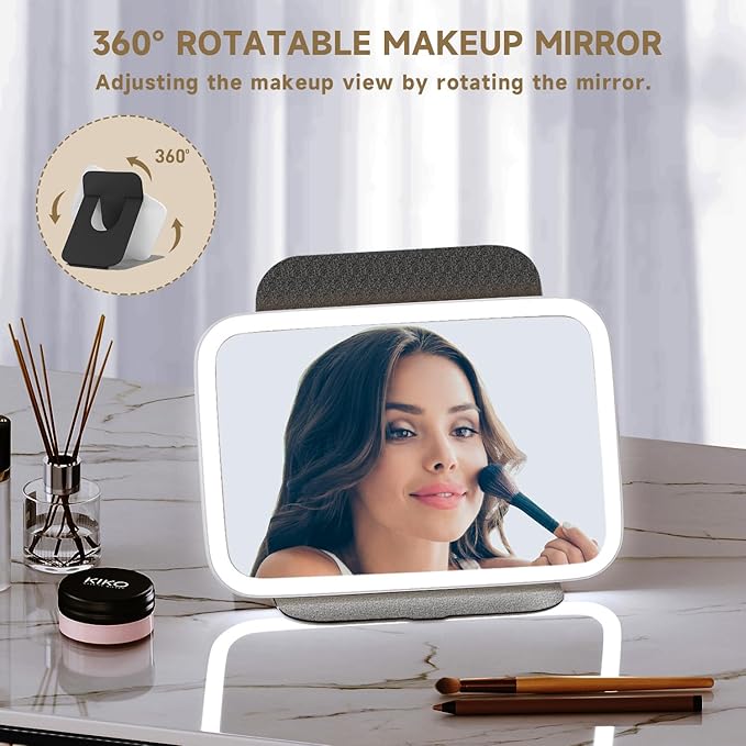 Mocado Travel Makeup Mirro with Lights, 360° Rotation Lighted Makeup Mirror, Portable Mirror with 10x Magnification, 60LEDs 3 Color Lightings, Dimmable Touch Screen, Tabletop Light up Mirror(Black)