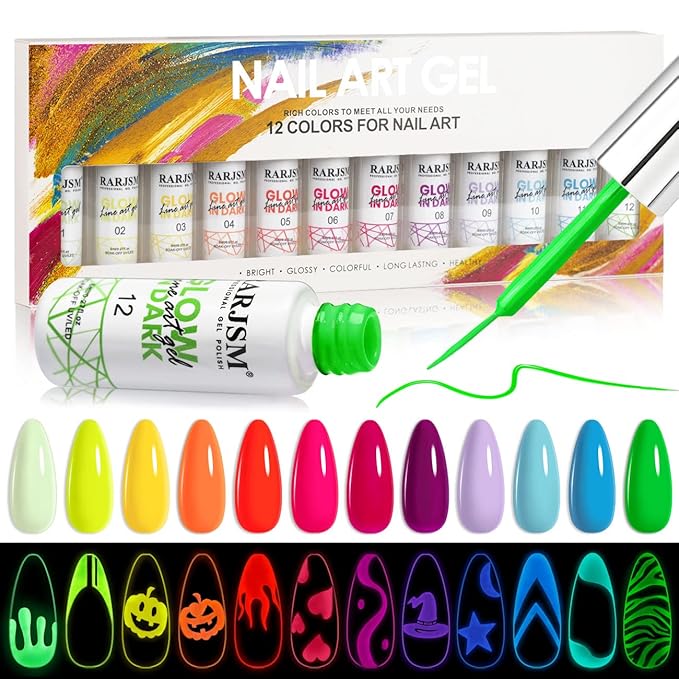 RARJSM Nail Art Gel Set, Glow In The Dark Gel Liner Nail Art Polish Luminous Gel Design Nail Polish Neon Fluorescent Drawing Painting Nail Art Polish