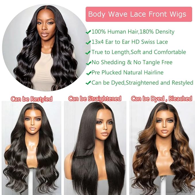 13x4 Body Wave Lace Front Wigs Human Hair for Women 180% Density HD Transparent Lace Frontal Wigs Human Hair Pre Plucked with Baby Hair Glueless Wigs Human Hair 32 Inch Long Black Wig