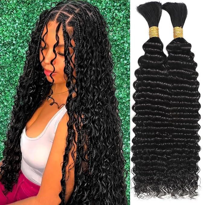 Human Braiding Hair for Boho Braids Deep Water Wave Bulk Human Hair 110g 16 Inch Curly Wave for Boho Braids Extensions No Weft 12A Wet and Wavy 2 Bundles/Pack Natural Color