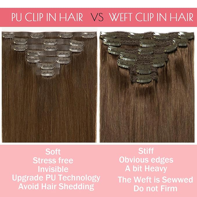 Loxxy Seamless Clip in Hair Extensions Remy Human Hair Chocolate Brown Inviisble PU Hair Extensions Clip in Human Hair Double Weft Silky Straight Thich End #4 7 Pieces 110g 14inch