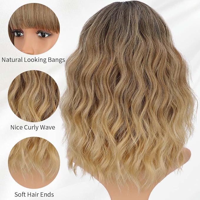 AISI HAIR Synthetic Wavy Curly Bob Wig with Bangs Ombre Blonde Mixed Short Hair for Women Synthetic Heat Resistant Bob Wigs