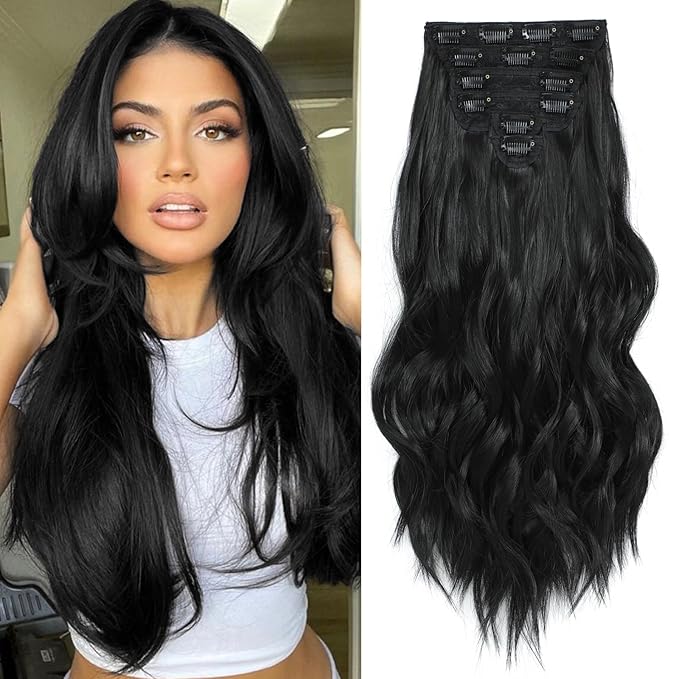 Clip in Hair Extensions for Women,Natural Black Extensions, 20 Inch 6PCS Hairpieces Long Wavy Soft Thick Hair Extensions clip ins