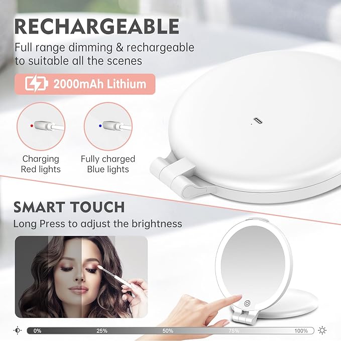 FUNTOUC Magnifying Mirror with Light, 1X/10X Double Sided Magnification Makeup Vanity Mirror with 3 Color Setting, Chargeable Foldable Portable Travel Essential Vanity Mirror with Bag