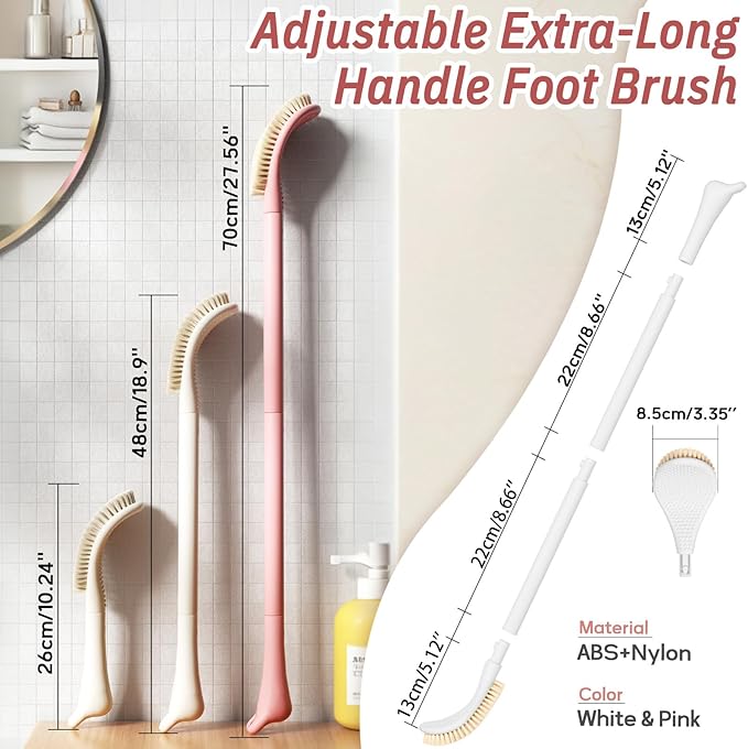 New Foot Brush for Shower, 3-in-1 Foot Scrubber for Wet or Dry Brushing, Adjustable 10.2’’- 27.5’’Foot Scrub Brush for Seniors, Pregnant, Disabled, or Injured, Gift-Box Packaged(Pink)