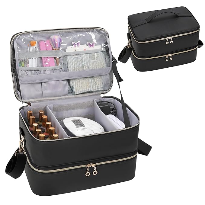 Ethereal Nail Polish Organizer Case, Leather Nail Polish Bag Holds 50+ Bottles (5ml/0.5fl.oz) and Nail Lamp, Nail Storage Organizer with Compartment, Leather Black