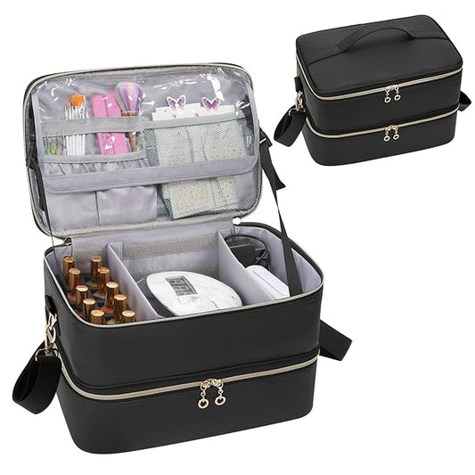 Ethereal Nail Polish Organizer Case, Leather Nail Polish Bag Holds 50+ Bottles (5ml/0.5fl.oz) and Nail Lamp, Nail Storage Organizer with Compartment, Leather Black