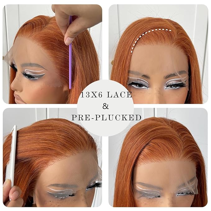 13x6 Ginger Orange Lace Front Wig Pre Plucked HD Synthetic Long Straight Lace Front Wigs 180 Density Yaki Glueless Ginger Lace Front Wig 32inch
