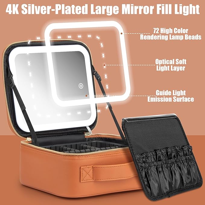 Makeup Travel Train Case with Mirror LED Light 3 Adjustable Brightness Cosmetic Bag Portable Storage Adjustable Partition Waterproof Makeup Brushes Makeup Jewelry Gift for Women (Brown)