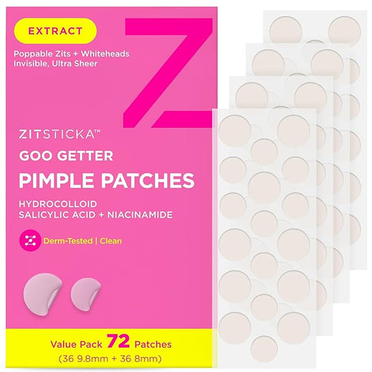 ZitSticka Pimple Patches for Face and Body, Hydrocolloid Patches to Cover Zits & Blemishes, Acne Patches or Zit Spot Stickers, Body Blemish Patch (GOO GETTER 72 Pack)