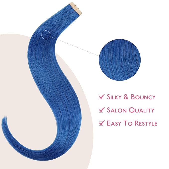WENNALIFE Tape in Hair Extensions Human Hair Blue Tape in Extensions, 10pcs 25g 18 inch Remy Invisible Tape Ins Straight Colored Soft Real Human Hair Tape in Extensions Refill Set Extensions