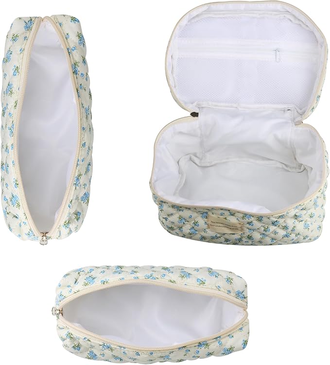 Dual Layer Cute Makeup Bag for Women(3 Pcs), Quilted Floral Coquette Aesthetic Make up Bags, Travel Cosmetic Bags Toiletry Organizer Bag(Blue Rose)