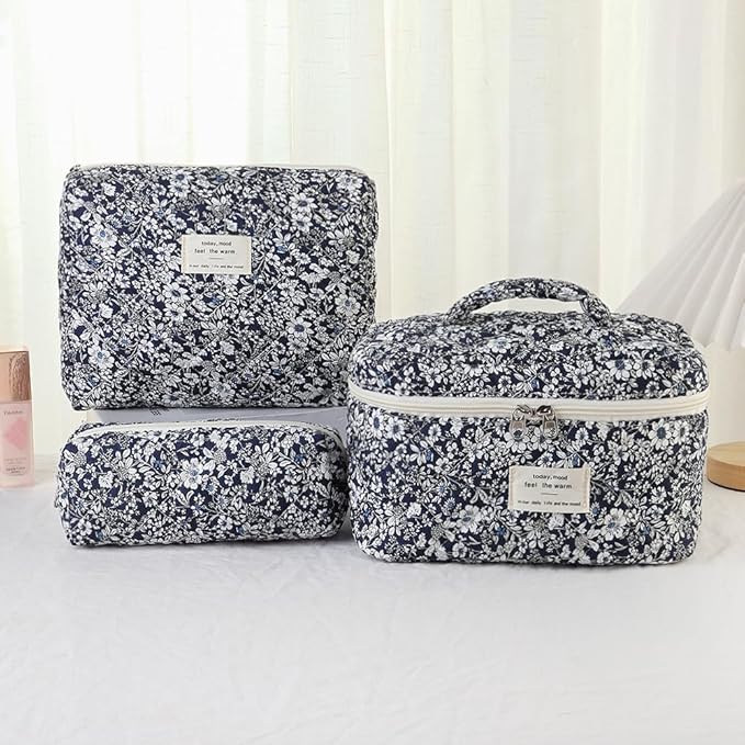 Makeup Bag, 3 PCS Quilted Makeup Bag, Cute Floral Cotton Cosmetic Bag set, Coquette Makeup Pouch Large Travel Toiletry Bag