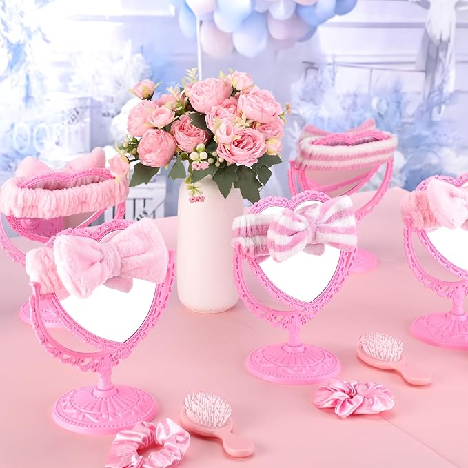 8 Sets Spa Party Mirror 8 Heart Makeup Mirror for Spa Sleepover Slumber Birthday Party Favor Supplies(Pink)
