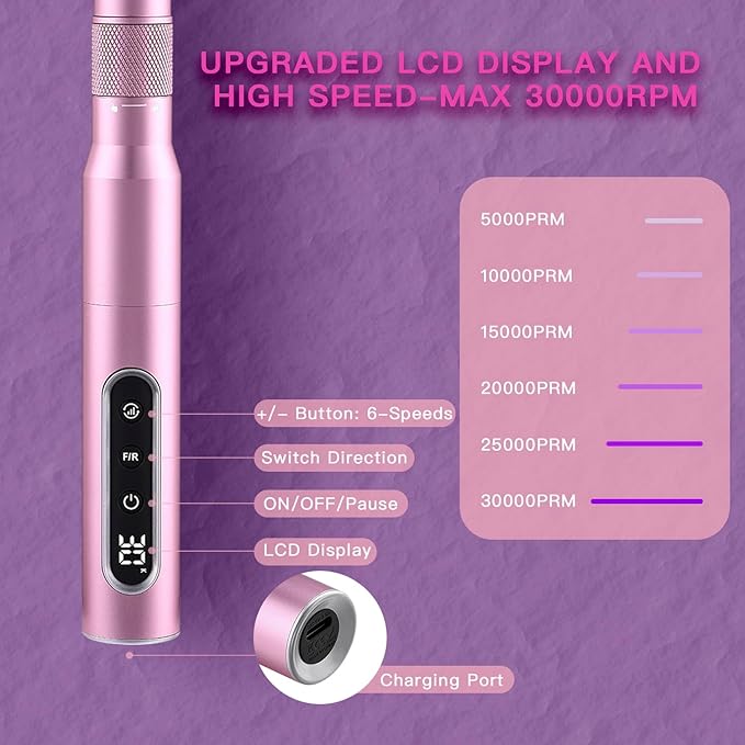 Cordless Electric Nail Drill Professional, 30000RPM Portable Nail File Machine Kit Manicure Pedicure Tools Polishing Set for Acrylic Gel Dip Powder Nails with Nail Drill Bits Sanding Bands