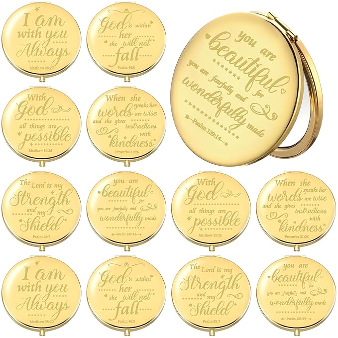 Thyle 12 Pcs Christian Compact Mirror Gifts for Women Bible Verse Bulk Hand Makeup Compact Purse Mirror Inspirational Religious Baptism Gift for Teacher Mother's Day Women Nurse(Gold)