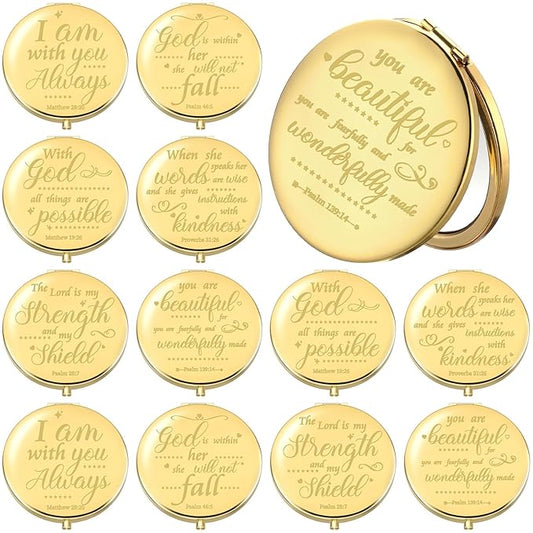Thyle 12 Pcs Christian Compact Mirror Gifts for Women Bible Verse Bulk Hand Makeup Compact Purse Mirror Inspirational Religious Baptism Gift for Teacher Mother's Day Women Nurse(Gold)