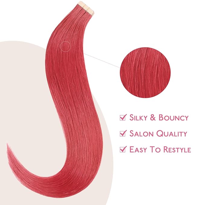 WENNALIFE Tape in Hair Extensions Human Hair Coral Red Tape in Extensions, 10pcs 25g 14 inch Remy Invisible Tape Ins Straight Colored Soft Real Human Hair Tape in Extensions Refill Set Extensions