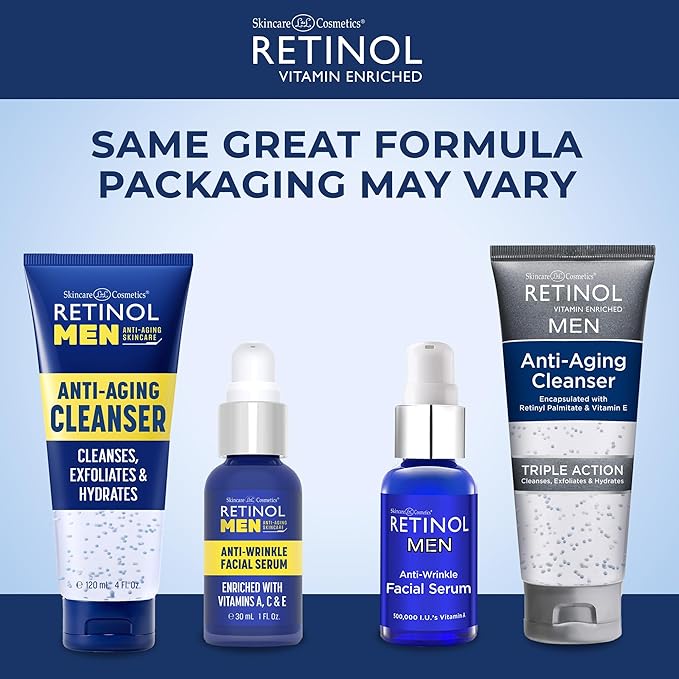Retinol Men Facial Serum - Vitamin-Enriched, Smooth Fine Lines & Wrinkles + Retinol Men Gel Cleanser Gently Exfoliates skin for Improved Texture