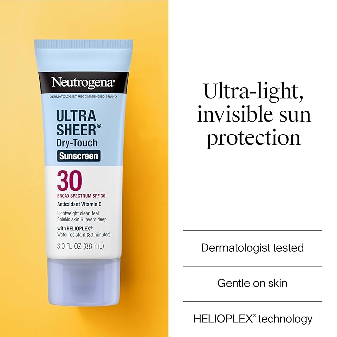 Neutrogena Ultra Sheer Dry-Touch Sunscreen For Face & Body, SPF 30 Broad Spectrum UVA/UVB Protection, Lightweight Water Resistant & Non-Greasy, Travel Size Sunscreen, 3 fl. oz, Pack of 3