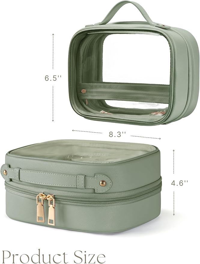 Clear Cosmetic Bag Double Layer 4 Compartments Travel Toiletry Bag Clear Makeup Bag Case with Zipper Transparent Travel Bag for Toiletries, TSA Approved, Gift for Women Girls (Sage Green)